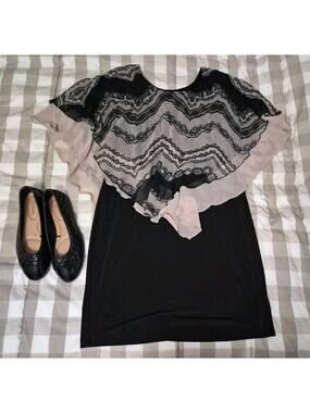 Size 14W En Focus Cape Dress Womens Black Tan Asymmetrical Lace Overlay Stretchy